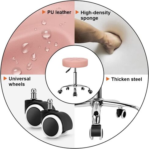 KKTONER Round Rolling Stool Chair PU Leather Height Adjustable Shop Stool Swivel Drafting Work SPA Medical Salon Stools with Wheels Office Chair Black in Kuwait
