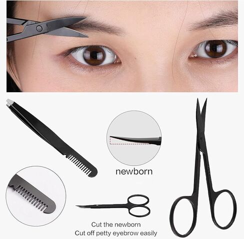 مقص الحواجب مع مشط وملقط، متعدد الأغراض من الفولاذ المقاوم للصدأ، مقص رموش صغير منحني، مشط ملقط للنساء، رموش الحواجب، تجميل الوجه (أسود) in Kuwait