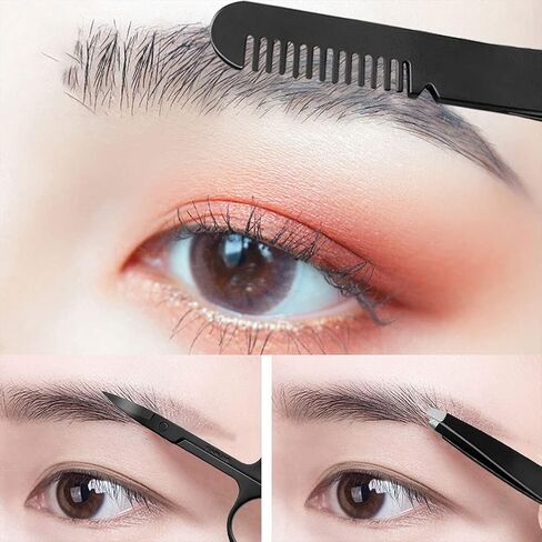 مقص الحواجب مع مشط وملقط، متعدد الأغراض من الفولاذ المقاوم للصدأ، مقص رموش صغير منحني، مشط ملقط للنساء، رموش الحواجب، تجميل الوجه (أسود) in Kuwait