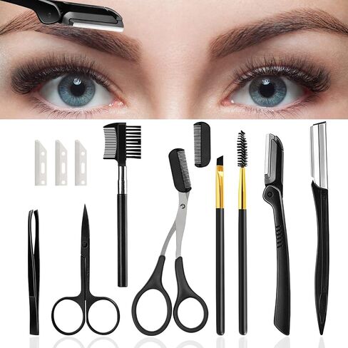 12 in 1 Eyebrow Trimmer Kit Multipurpose Exfoliating Dermaplaning Tool， Eyebrow Scissors, Eyebrow Brush, Tweezers, Eyebrow Razor, Eyebrow Trim Tool Set Hair Removal Accessories for Men Women in Kuwait