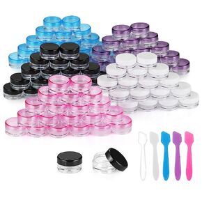 100 Pieces 3g Empty Clear Plastic Sample Containers with Lids Cosmetic Jars with 5 Pieces Mini Spatulas by Accmor