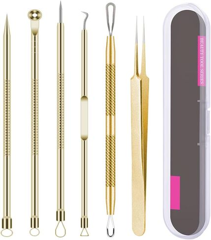 5pcs Blackhead Remover Tweezers Pimple Popper Tool Kit, Precision Acne Needle Comedone Blackhead Tweezers Extractor Removal Whitehead Popping Zit for Nose Face Skin Blemish Extractor Tool - Glossy in Saudi Arabia