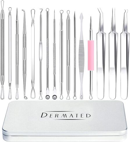 Dermated [16 Pack] Blackhead Remover Tools Pimple Popper Tool Kit | Stainless Steel Professional Pimple Extractor Tool Kit for Blackheads, Blemish, Comdone, Acne, Zit, and Whiteheads for Face & Nose in Saudi Arabia