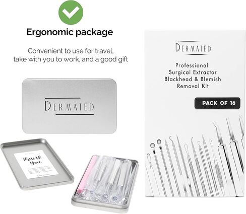 Dermated [16 Pack] Blackhead Remover Tools Pimple Popper Tool Kit | Stainless Steel Professional Pimple Extractor Tool Kit for Blackheads, Blemish, Comdone, Acne, Zit, and Whiteheads for Face & Nose in Saudi Arabia