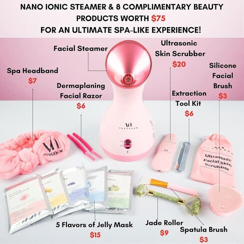 Facial Steamer Spa Kit with Complimentary 8 Skin Care Tools | Face Steamer for Facial Deep Cleaning with Towel Warmer & Humidifier Mode| Self Care Gifts for Women, Spa Gifts, Birthday Gifts for Women in Saudi Arabia