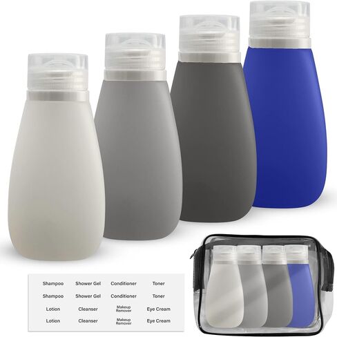Leak Proof Silicone Soft Refillable Bottles,TSA 3oz, BPA Free, New 3-Layer Top, Travel Empty Squeeze Bottles for Toiletries, Lotions, Shampoos 3pk (Black-Gray-Blue) in Saudi Arabia