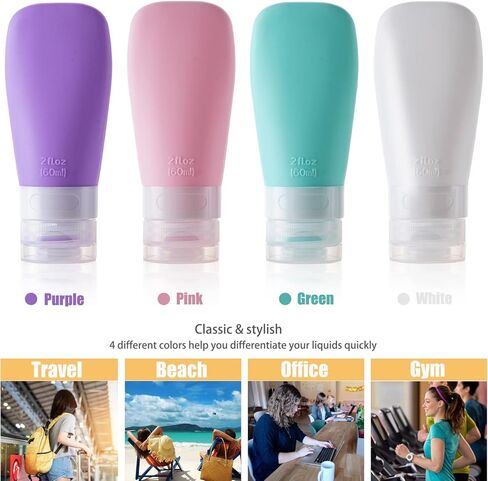 MODENGKONGJIAN Leak Proof Travel Bottles, TSA Approved Silicone Squeezable Travel Shampoo Bottles, Refillable Toiletry Cosmetic Container, 2oz Portable Traveling Size Liquid Containers Kit (4 Pack) in Kuwait