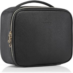 Vlando Travel Makeup Bag Faux Leather Large Make Up Bag Cosmetic Case Organizer Portable Makeup Travel Bag for Women with Adjustable Dividers for Makeup Brushes Digital Accessories (Blue)