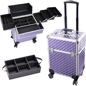 Stagiant Rolling Makeup Train Case Large Storage Cosmetic Trolley 4 Tray with Sliding Rail Removable Middle Layer with Key Swivel Wheels Salon Barber Case Traveling Cart Trunk