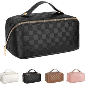 ALEXTINA Large Capacity Travel Cosmetic Bag - Portable Makeup Bags for Women Waterproof PU Leather Checkered Organizer Bag with Dividers and Handle,Toiletry Bag , White