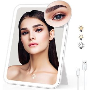 Naseto Travel Makeup Mirror with Lights & 10X Magnetic Magnification, 9.4"x6.7" Dimmable 3 Color LED Lighted Rechargeable Vanity Mirror with 360° Angle, Portable Compact Cosmetic Mirror for Women in Kuwait