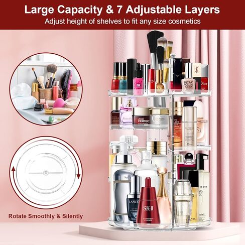 Makeup Organizer 360 Rotating Cosmetic Organizer DIY Adjustable Makeup Carousel Spinning Holder Rack , Large Capacity Cosmetic Storage Box Makeup Brushes Lipsticks Organizer for Vanity Countertop in Kuwait