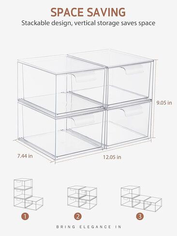 Syntus 3 Piece Set Stackable Makeup Organizer Drawers, 4.4'' Tall Acrylic Bathroom Storage Drawer, Plastic Cosmetics Box for Vanity, Undersink, Skincare, Kitchen Cabinets, Pantry Organization in Kuwait