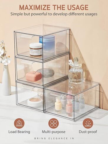 Syntus 3 Piece Set Stackable Makeup Organizer Drawers, 4.4'' Tall Acrylic Bathroom Storage Drawer, Plastic Cosmetics Box for Vanity, Undersink, Skincare, Kitchen Cabinets, Pantry Organization in Kuwait