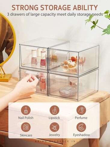 Syntus 3 Piece Set Stackable Makeup Organizer Drawers, 4.4'' Tall Acrylic Bathroom Storage Drawer, Plastic Cosmetics Box for Vanity, Undersink, Skincare, Kitchen Cabinets, Pantry Organization in Kuwait