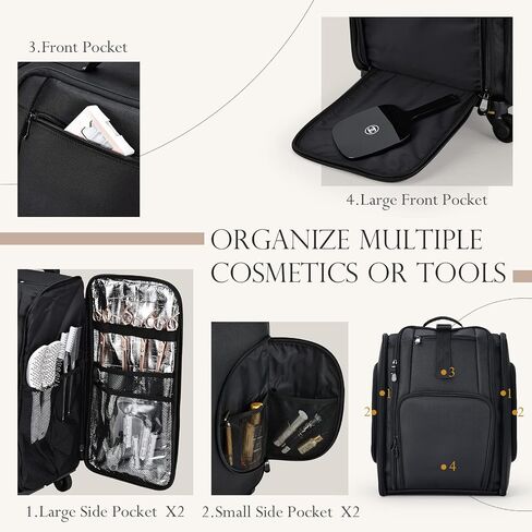 Stagiant Rolling Makeup Train Case, Professional Makeup Case, Travel Cosmetic Organizer Make Up Storage Bag for Makeup Artist, Hairstylist, Barbers, with 5 Toiletry Bags, Black in Saudi Arabia