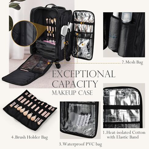 Stagiant Rolling Makeup Train Case, Professional Makeup Case, Travel Cosmetic Organizer Make Up Storage Bag for Makeup Artist, Hairstylist, Barbers, with 5 Toiletry Bags, Black in Saudi Arabia