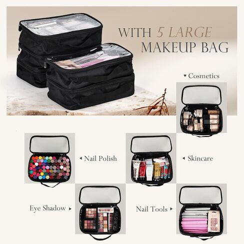 Stagiant Rolling Makeup Train Case, Professional Makeup Case, Travel Cosmetic Organizer Make Up Storage Bag for Makeup Artist, Hairstylist, Barbers, with 5 Toiletry Bags, Black in Saudi Arabia