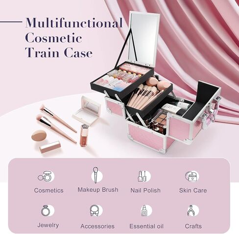 FRENESSA Makeup Train Case Cosmetic Organizer Case Portable Makeup Box with Mirror 2 Trays Lockable Make up Travel Storage Case for Makeup Artist, Nail Kits, Makeup Tools Makeup Case Modern Black in Saudi Arabia