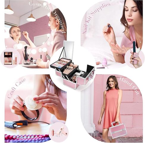 FRENESSA Makeup Train Case Cosmetic Organizer Case Portable Makeup Box with Mirror 2 Trays Lockable Make up Travel Storage Case for Makeup Artist, Nail Kits, Makeup Tools Makeup Case Modern Black in Saudi Arabia