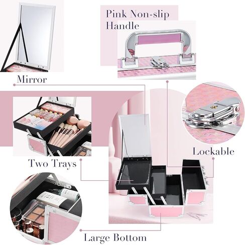 FRENESSA Makeup Train Case Cosmetic Organizer Case Portable Makeup Box with Mirror 2 Trays Lockable Make up Travel Storage Case for Makeup Artist, Nail Kits, Makeup Tools Makeup Case Modern Black in Saudi Arabia