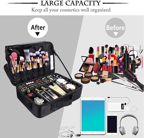 JOURMON Travel Makeup Bag Train Case Cosmetic Case Organizer Portable Artist Storage Bag with Adjustable Dividers for Cosmetics Makeup Brushes Toiletry Jewelry Digital Accessories(Black,S) in Saudi Arabia