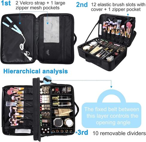 JOURMON Travel Makeup Bag Train Case Cosmetic Case Organizer Portable Artist Storage Bag with Adjustable Dividers for Cosmetics Makeup Brushes Toiletry Jewelry Digital Accessories(Black,S) in Saudi Arabia