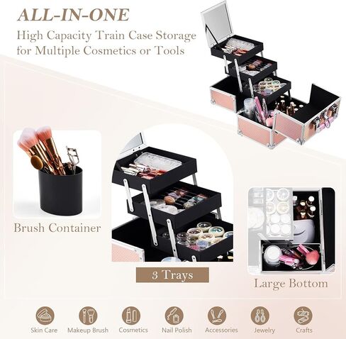 FRENESSA Makeup Train Case 11.8 Inch Extra Large Makeup Organizer Case 3 Trays with Mirror Cosmetic Travel Storage Box for Makeup Artist Nail Tech Craft Supplies Case Black in Saudi Arabia