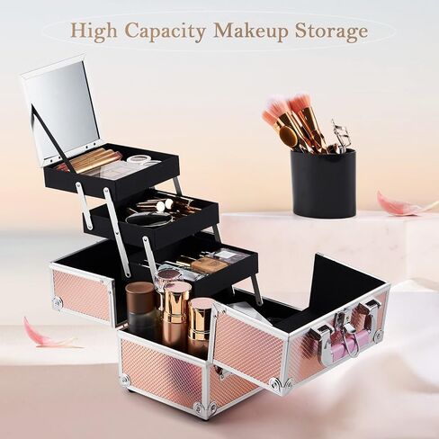 FRENESSA Makeup Train Case 11.8 Inch Extra Large Makeup Organizer Case 3 Trays with Mirror Cosmetic Travel Storage Box for Makeup Artist Nail Tech Craft Supplies Case Black in Saudi Arabia