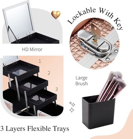 FRENESSA Makeup Train Case 11.8 Inch Extra Large Makeup Organizer Case 3 Trays with Mirror Cosmetic Travel Storage Box for Makeup Artist Nail Tech Craft Supplies Case Black in Saudi Arabia