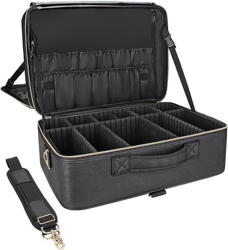 Relavel Extra Large Makeup Case Travel Makeup Train Case Professional Makeup Artist Bag Portable Nail Organizer Box Art Supply Case with Adjustable Dividers/Attach to Trolley/Shoulder Strap (Black) in Saudi Arabia