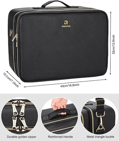 Relavel Extra Large Makeup Case Travel Makeup Train Case Professional Makeup Artist Bag Portable Nail Organizer Box Art Supply Case with Adjustable Dividers/Attach to Trolley/Shoulder Strap (Black) in Saudi Arabia