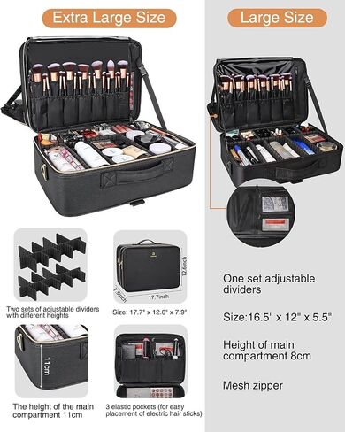 Relavel Extra Large Makeup Case Travel Makeup Train Case Professional Makeup Artist Bag Portable Nail Organizer Box Art Supply Case with Adjustable Dividers/Attach to Trolley/Shoulder Strap (Black) in Saudi Arabia