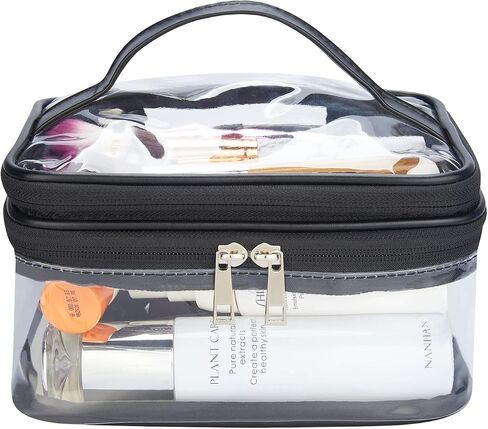 HAOGUAGUA Double Layer Clear Cosmetic Bag Makeup Bag, Waterproof Travel Toiletry Bag, Transparent PVC Hair & Nail Accessories Pouch Beach Bag Organizer (Black) in Saudi Arabia