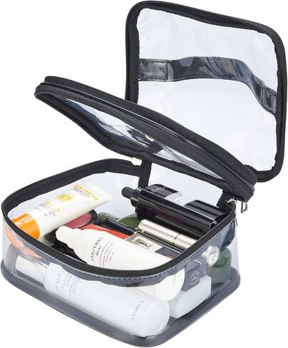 HAOGUAGUA Double Layer Clear Cosmetic Bag Makeup Bag, Waterproof Travel Toiletry Bag, Transparent PVC Hair & Nail Accessories Pouch Beach Bag Organizer (Black) in Saudi Arabia