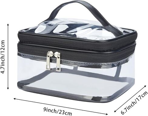 HAOGUAGUA Double Layer Clear Cosmetic Bag Makeup Bag, Waterproof Travel Toiletry Bag, Transparent PVC Hair & Nail Accessories Pouch Beach Bag Organizer (Black) in Saudi Arabia