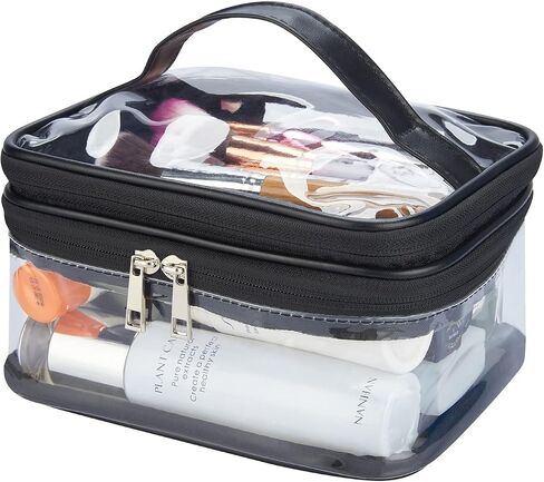 HAOGUAGUA Double Layer Clear Cosmetic Bag Makeup Bag, Waterproof Travel Toiletry Bag, Transparent PVC Hair & Nail Accessories Pouch Beach Bag Organizer (Black) in Saudi Arabia