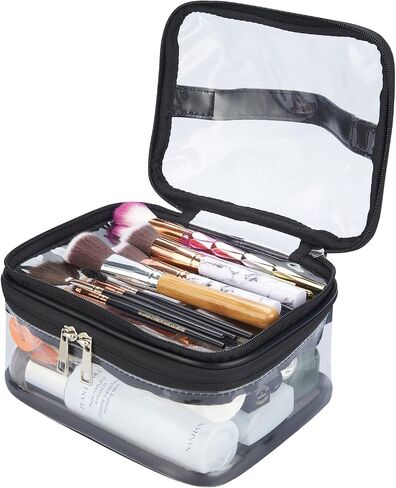 HAOGUAGUA Double Layer Clear Cosmetic Bag Makeup Bag, Waterproof Travel Toiletry Bag, Transparent PVC Hair & Nail Accessories Pouch Beach Bag Organizer (Black) in Saudi Arabia