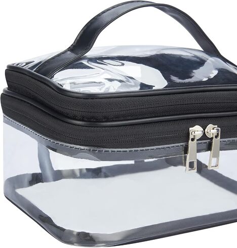 HAOGUAGUA Double Layer Clear Cosmetic Bag Makeup Bag, Waterproof Travel Toiletry Bag, Transparent PVC Hair & Nail Accessories Pouch Beach Bag Organizer (Black) in Saudi Arabia
