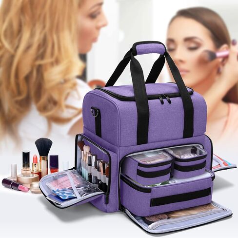 BAFASO 2 Layers Large Travel Makeup Bag with 3 Inner Removable Pouches, Hair Bag Cosmetic Bag Tattoo Carrying Case with Detachable Dividers (Patented), Black in Saudi Arabia