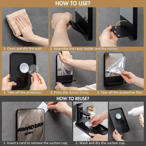 TAILI Shower Mirror Fogless for Shaving with Razor Holder,NO-Drilling & Removable Shower Mirror Fogless Suction,Shatterproof & Waterproof Anti Fog Mirror for Bathroom,Men,Women(Black) in Saudi Arabia