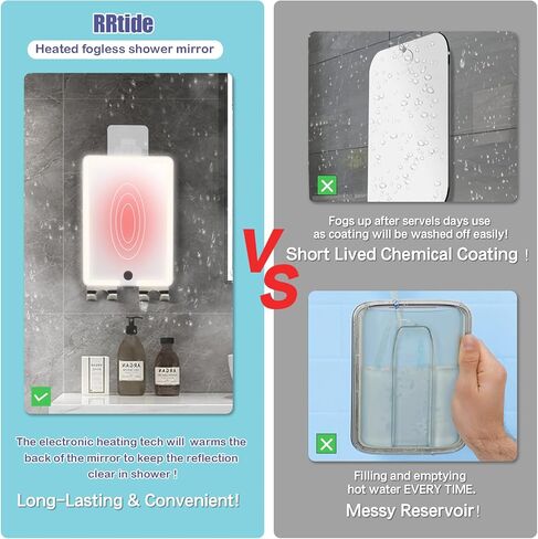 RRtide Heated Shower Mirror Fogless for Shaving with LED Light of 8X5.5inch, Rechargeable Fogless Mirror for Shower with 2 Razor Holders, Made of Real Glass, No Distortion in Kuwait