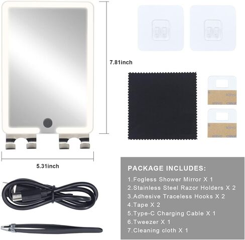 RRtide Heated Shower Mirror Fogless for Shaving with LED Light of 8X5.5inch, Rechargeable Fogless Mirror for Shower with 2 Razor Holders, Made of Real Glass, No Distortion in Kuwait