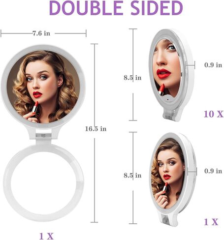 deweisn Magnifying Mirror 10X/1X, Double Sided Tabletop Mirror with Adjustable Folding Cosmetic Mirror with Lights for Makeup/Travel, Blackhead and Comedone Removal-3 Colors Light in Kuwait