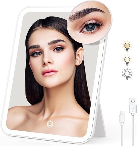 Naseto Travel Makeup Mirror with Lights & 10X Magnetic Magnification, 9.4"x6.7" Dimmable 3 Color LED Lighted Rechargeable Vanity Mirror with 360° Angle, Portable Compact Cosmetic Mirror for Women in Kuwait
