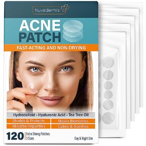 NUVADERMIS Acne Pimple Patches - Dark Spot, Blemish, Zit Treatment - 54% Hydrocolloid Dot Stickers - 120 Patch Pack for Clean Skin - Hyaluronic Salicylic Acid, Tea Tree Oil, Vitamin A - Face Cystic Pore Covers in Kuwait