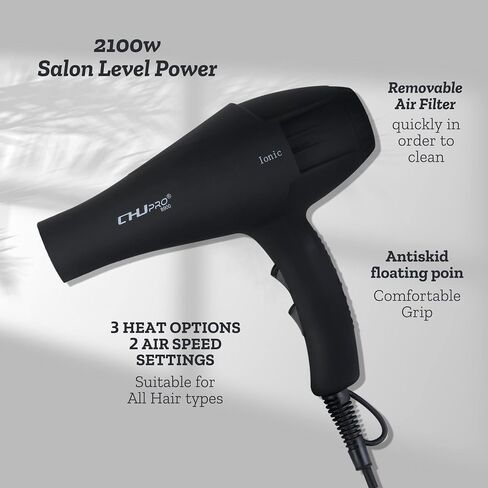 CHJPRO Professional Salon Hair Dryer AC 2100W Ceramic Tourmaline Ionic Blow Dryer with Hot-Cold Heat Setting for Home & Salon,Includes Diffuser and Concentrator US Plug-Black in Saudi Arabia