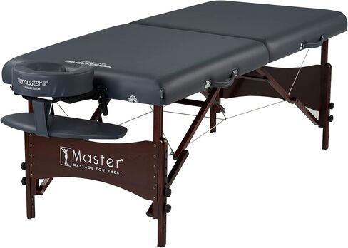 مجموعة طاولة التدليك المحمولة من Master Massage Newport مع وسادة أكثر كثافة مقاس 2.5 بوصة، مصنوعة من خشب الجوز الصلب الملون، وكابلات دعم فولاذية، ووسائد وإكسسوارات، باللون الأزرق الملكي، 30 بوصة in Kuwait