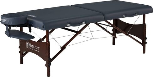 مجموعة طاولة التدليك المحمولة من Master Massage Newport مع وسادة أكثر كثافة مقاس 2.5 بوصة، مصنوعة من خشب الجوز الصلب الملون، وكابلات دعم فولاذية، ووسائد وإكسسوارات، باللون الأزرق الملكي، 30 بوصة in Kuwait