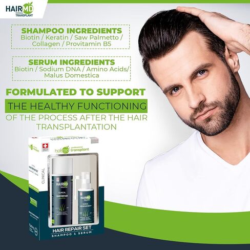 HairMD Transplant Hair Repair Set with Shampoo and Serum - Potent Hair Loss Treatment Formula with Biotin, Keratin, Collagen, Provitamin B5 - Soothing Hair Care Products for Hair Transplant Recovery in Saudi Arabia